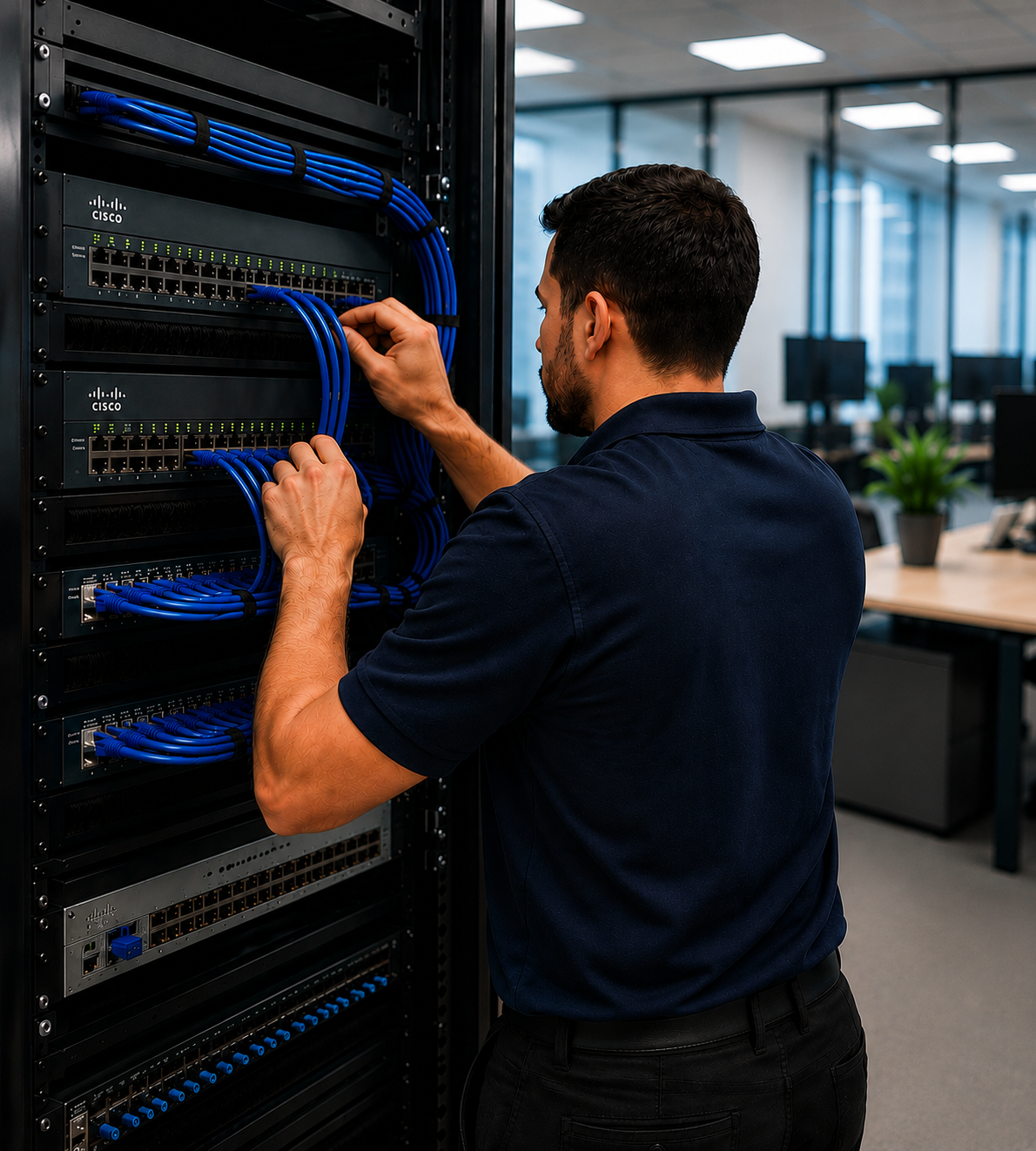 Técnico conectando switches y cableado de una red empresarial