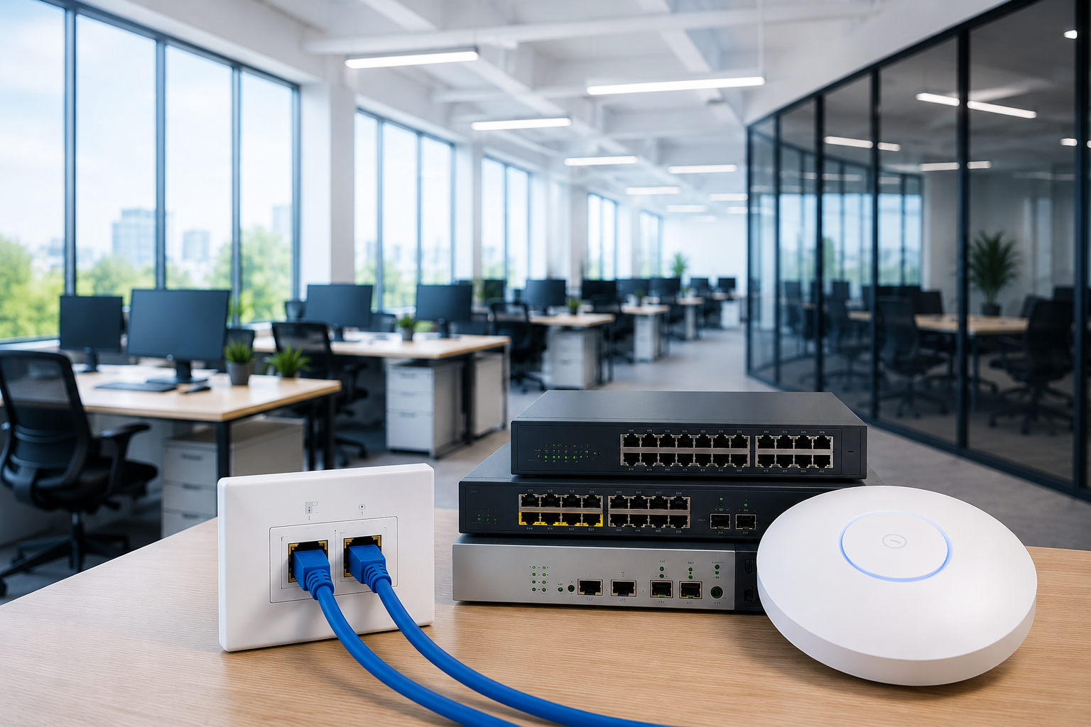 Oficina pequeña con instalación profesional de red y WiFi empresarial